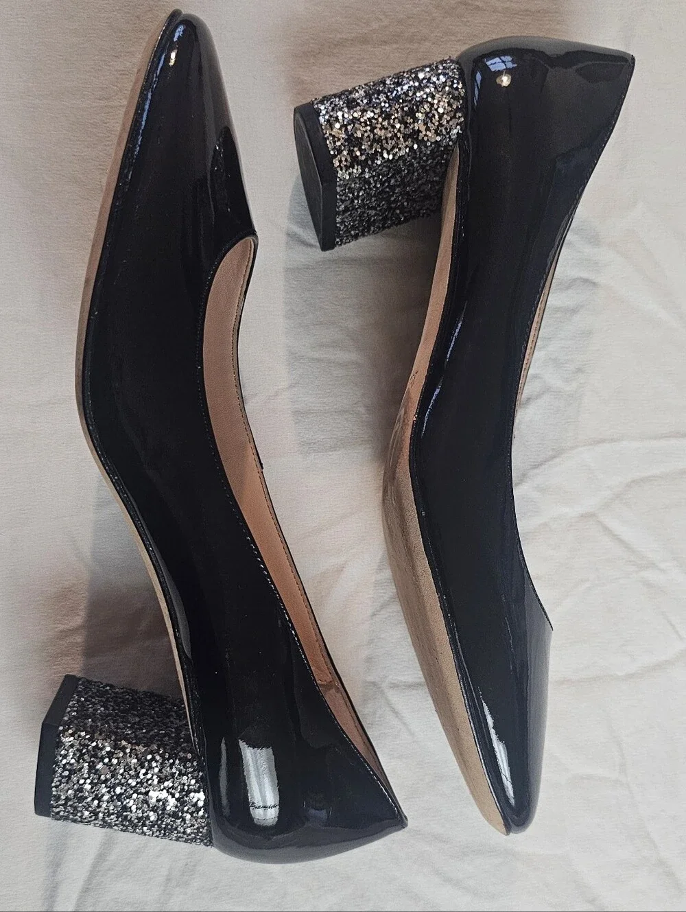 Kate Spade New York Dolores Patent Leather Pumps with Glitter Block Heels